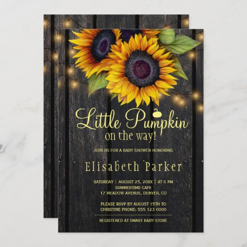 Gold sunflowers country barn wood baby shower invitation