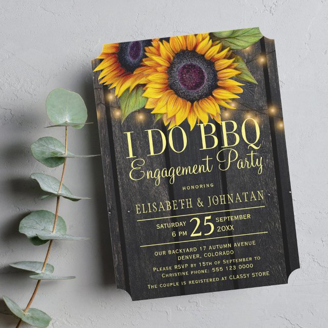 Gold sunflowers country barn wood bbq engagement invitation (Creator Uploaded)