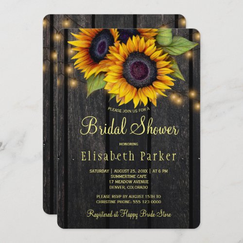 Gold sunflowers country barn wood bridal shower invitation