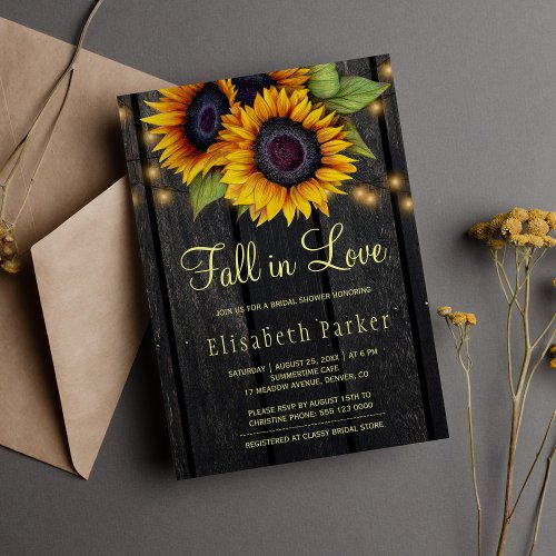 Gold sunflowers country barn wood bridal shower invitation