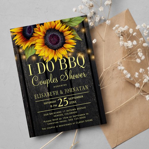 Gold sunflowers country barn wood couples shower invitation