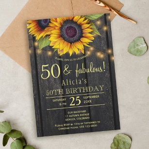 Gold sunflowers country barn wood fifty fabulous invitation