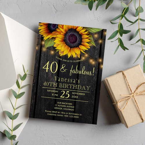 Gold sunflowers country barn wood forty fabulous invitation