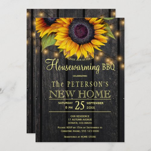 Gold sunflowers country barn wood housewarming invitation