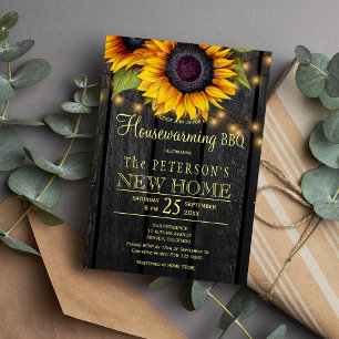 Gold sunflowers country barn wood housewarming invitation