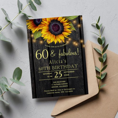 Gold sunflowers country barn wood sixty fabulous invitation