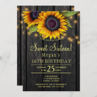 Gold sunflowers country barn wood sweet sixteen invitation