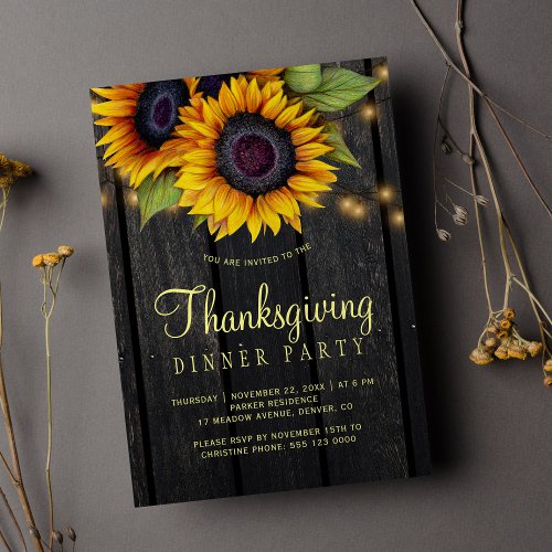 Gold sunflowers country barn wood Thanksgiving Invitation