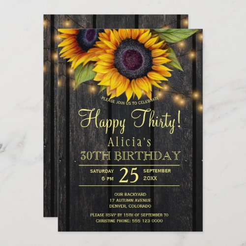 Gold sunflowers country barn wood thirty birthday invitation