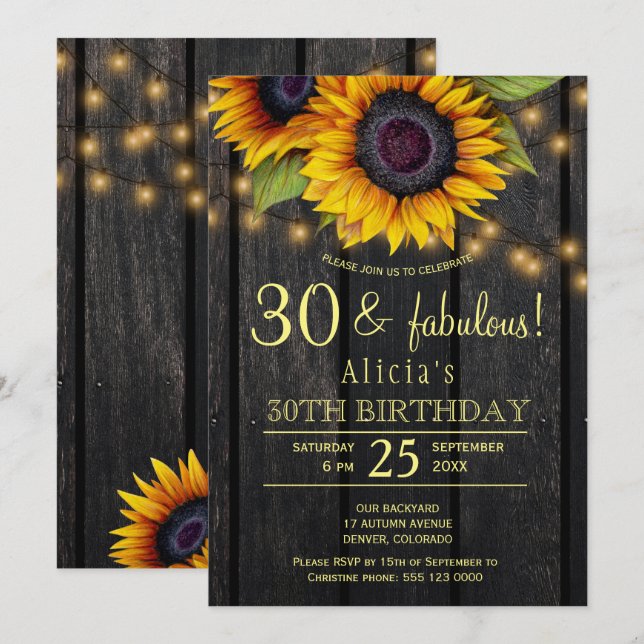 Gold sunflowers country barn wood thirty fabulous invitation (Front/Back)