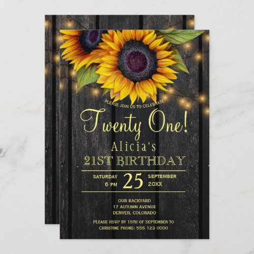 Gold sunflowers country barn wood twenty one invitation