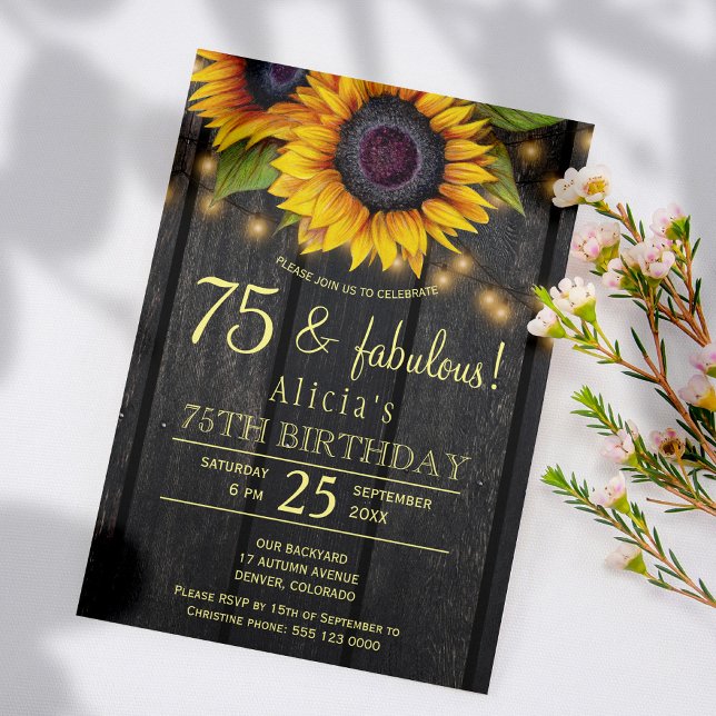 Gold sunflowers country barnwood 75 fabulous years invitation (Creator Uploaded)