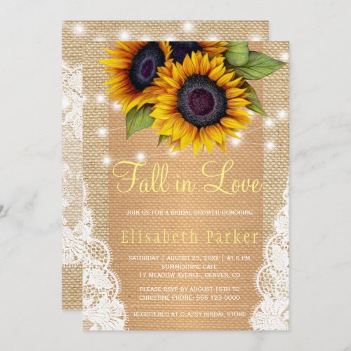 Gold sunflowers country burlap lace bridal shower invitation