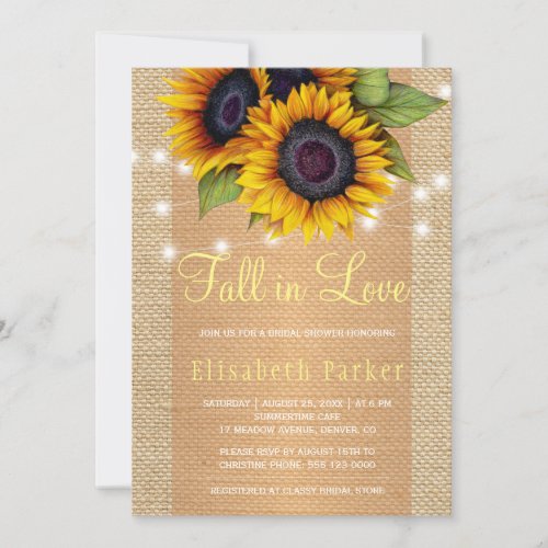 Gold sunflowers country light burlap bridal shower invitation