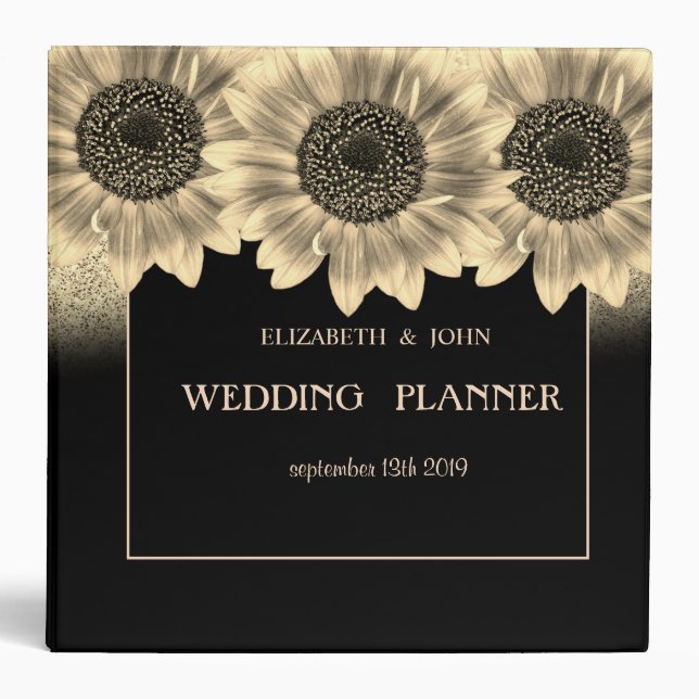 Gold, Sunflowers, Glitter 3 Ring Binder (Front)