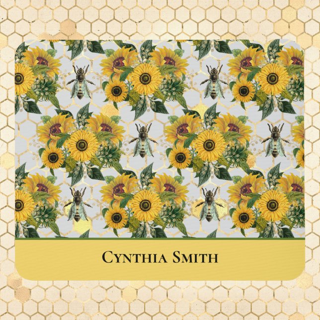 Gold Sunflowers Honeycomb and Royal Bee with Name Mouse Pad (Creator Uploaded)