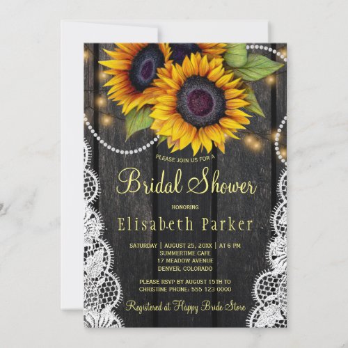 Gold sunflowers lace and barn wood bridal shower invitation
