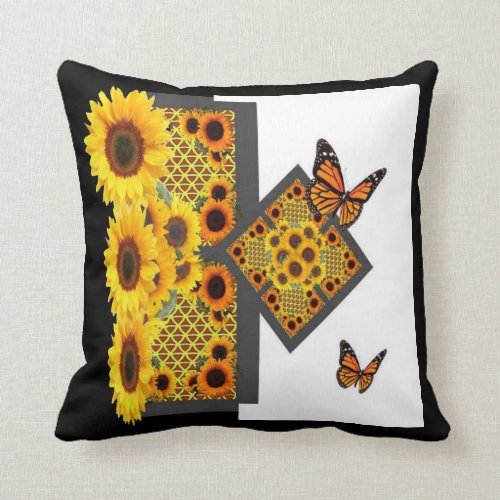 GOLD SUNFLOWERS & MONARCH BUTTERFLIES ART DECO THROW PILLOW