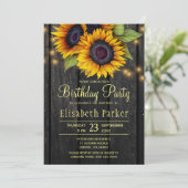Gold sunflowers rustic barn wood birthday party invitation (Standing Front)