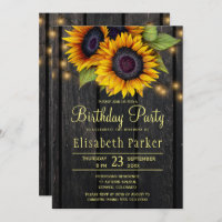 Gold sunflowers rustic barn wood birthday party invitation