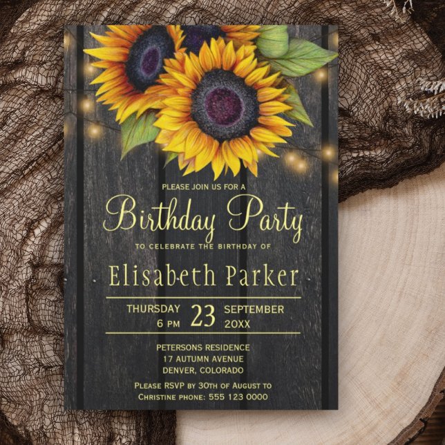 Gold sunflowers rustic barn wood birthday party invitation