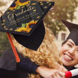 Gold sunflowers rustic barn wood graduation party graduation cap topper