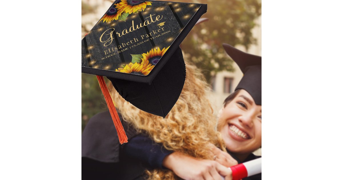 Gold sunflowers rustic barn wood graduation party graduation cap topper ...