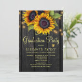 Gold sunflowers rustic barn wood graduation party invitation (Standing Front)