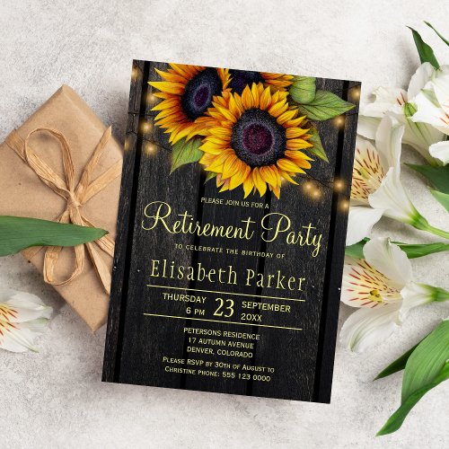 Gold sunflowers rustic barn wood retirement party invitation