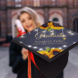 Gold sunflowers rustic chalkboard graduation party graduation cap topper<br><div class="desc">Rustic country style high school,  university or college summer graduation cap topper on dark midnight navy blue chalkboard background featuring big yellow gold sunflowers bouquets and strings of twinkle white lights.                    Easy to personalize with your details!</div>