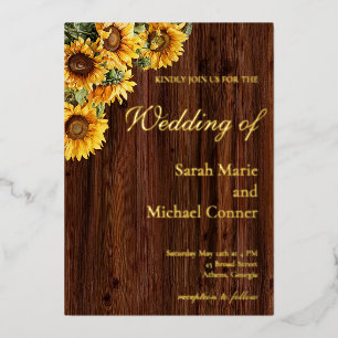 Gold Sunflowers rustic country barn wood Foil Invitation