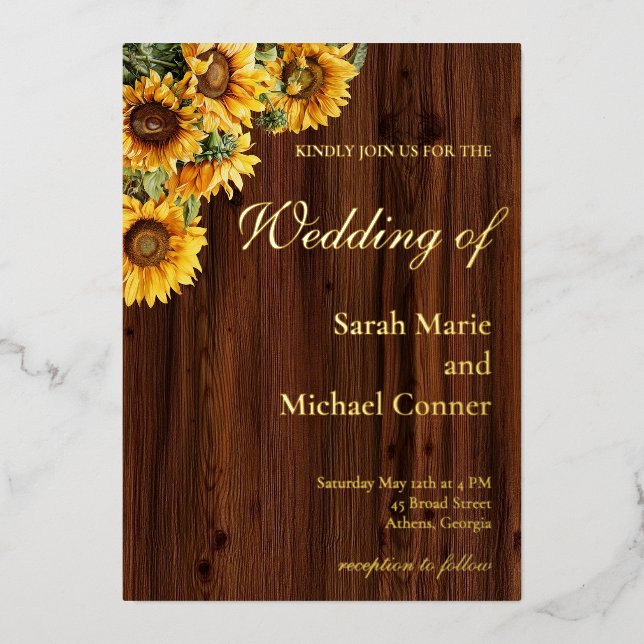 Gold Sunflowers rustic country barn wood Foil Invitation (Front)