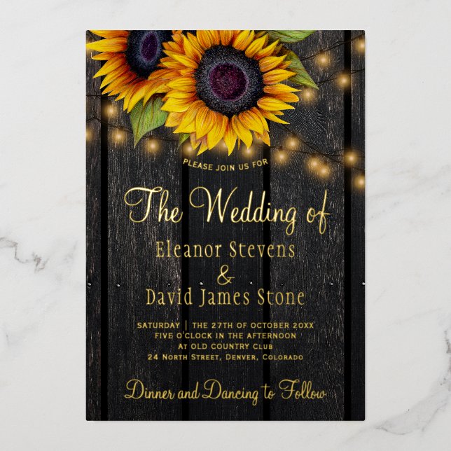 Gold sunflowers rustic country barn wood wedding foil invitation (Front)