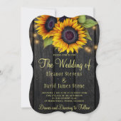 Gold sunflowers rustic country barn wood wedding invitation (Front)