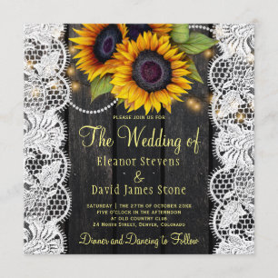 Gold sunflowers rustic country barn wood wedding invitation