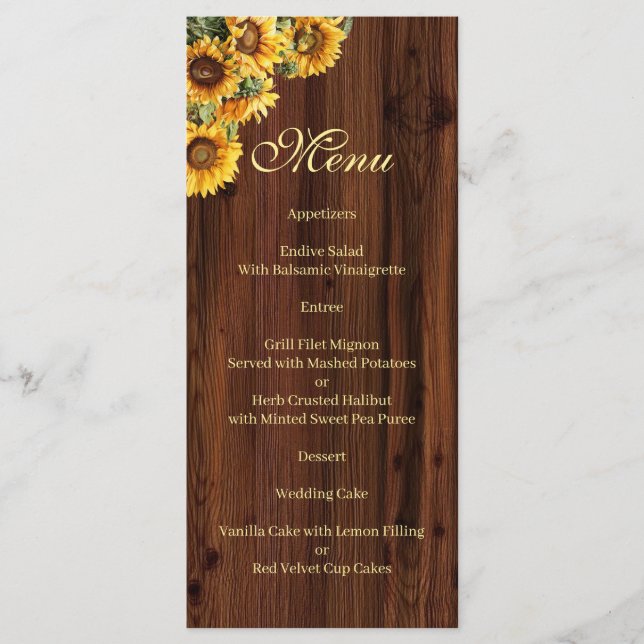 Gold Sunflowers rustic floral  Menu (Front)