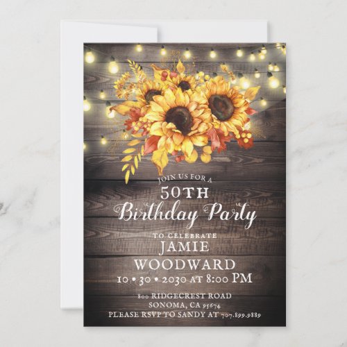 Gold Sunflowers Rustic Wood 50th Birthday Party Invitation