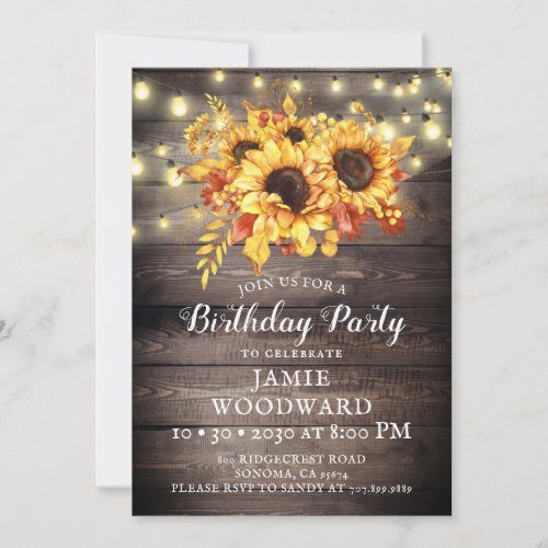 Gold Sunflowers Rustic Wood Birthday Party Invitation