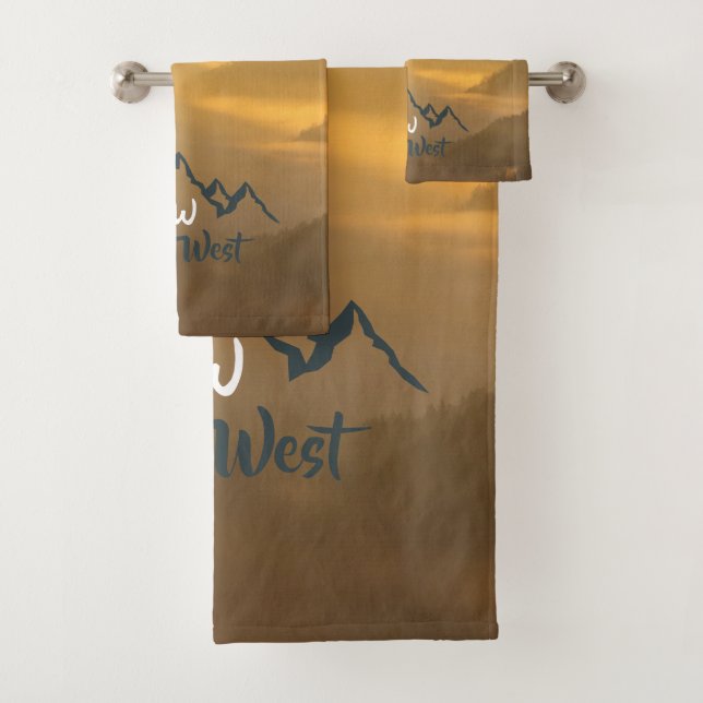 Gold sunrise personalizable mountains monogram bath towel set (Insitu)
