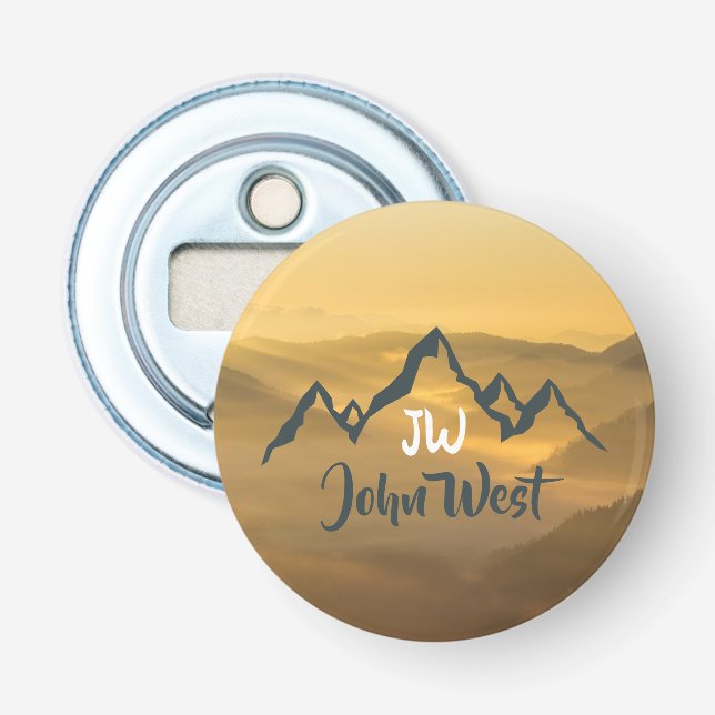 Gold sunrise personalizable mountains monogram bottle opener (Front)