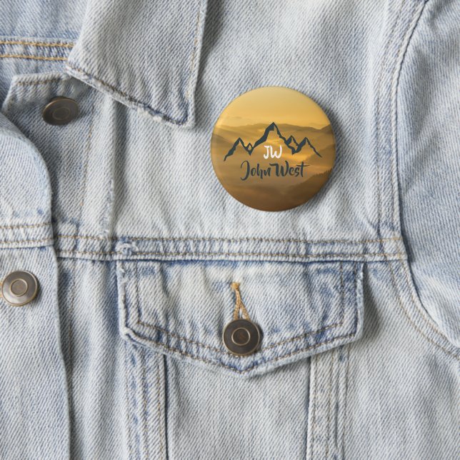 Gold sunrise personalizable mountains monogram button (In Situ)