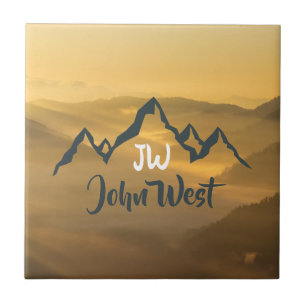 Gold sunrise personalizable mountains monogram ceramic tile