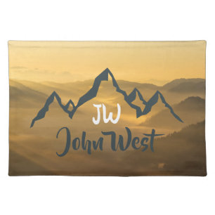 Gold sunrise personalizable mountains monogram cloth placemat