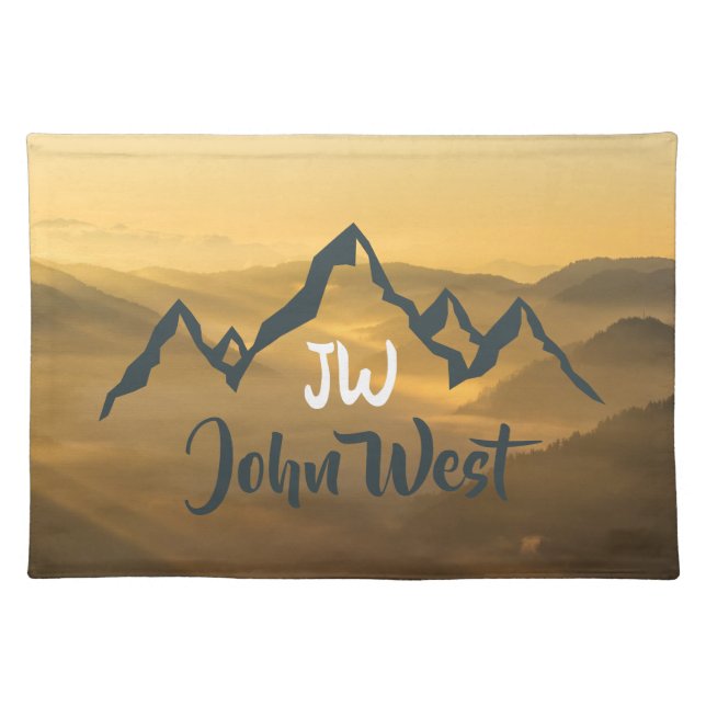 Gold sunrise personalizable mountains monogram cloth placemat (Front)