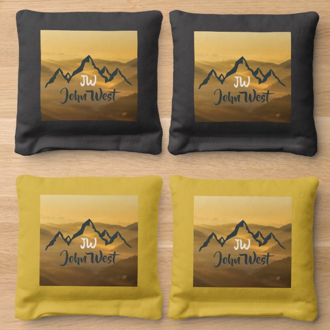 Gold sunrise personalizable mountains monogram cornhole bags (Wood)