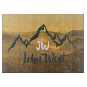 Gold sunrise personalizable mountains monogram cutting board