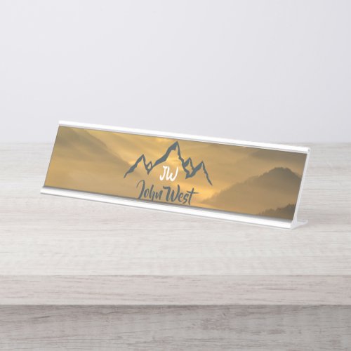Gold sunrise personalizable mountains monogram desk name plate