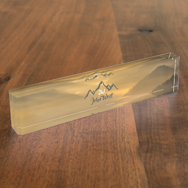 Gold sunrise personalizable mountains monogram desk name plate (Side)