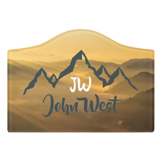 Gold sunrise personalizable mountains monogram door sign (Small Crest Front)