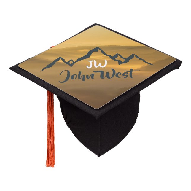 Gold sunrise personalizable mountains monogram graduation cap topper (Angled)